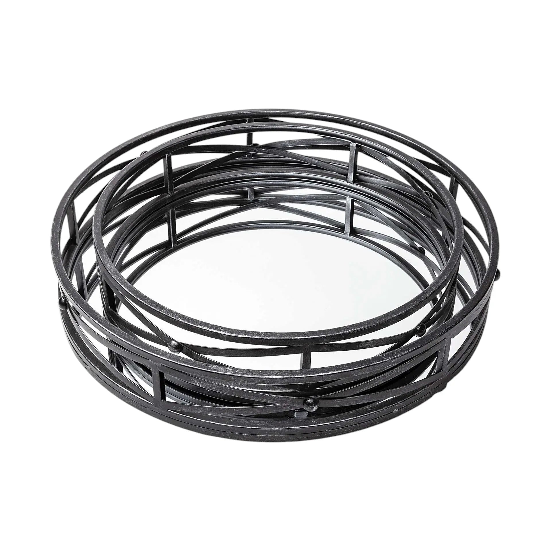 Set of Two Black Round Metal And Mirrored Glass Vanity Trays Homeroots Kitchen & Dining