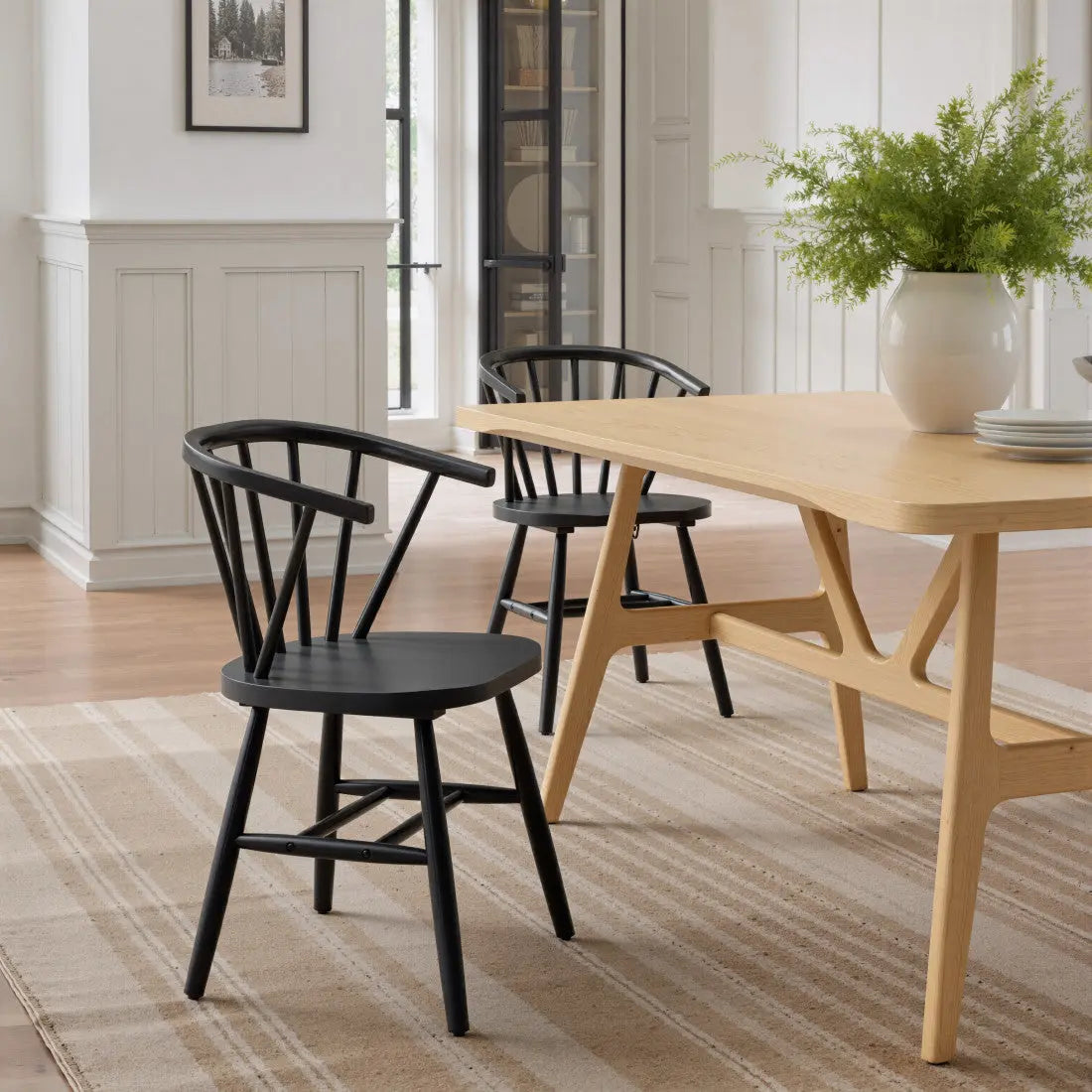 Set of Two Black Wood Open Back Dining Arm Chairs Homeroots Kitchen & Dining