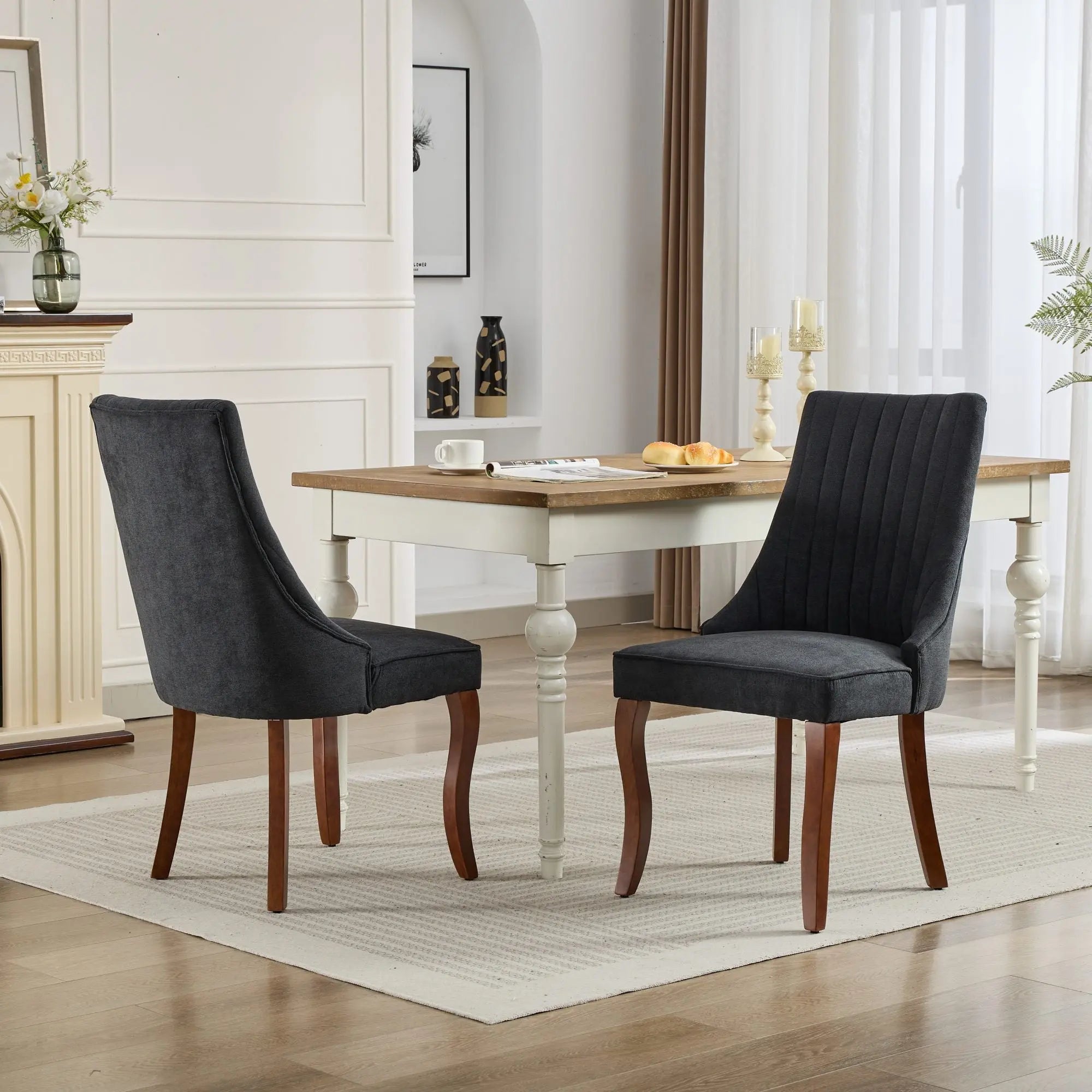 Set of Two Black and Brown Tufted Solid Wood Dining Side Chairs Homeroots Kitchen & Dining