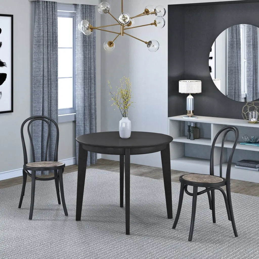 Set of Two Black and Natural Solid Wood And Rattan Curved Back Dining Side Chairs Homeroots Kitchen & Dining