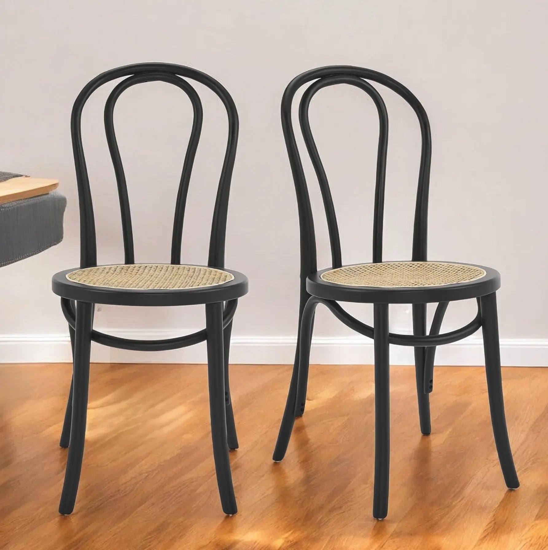 Set of Two Black and Natural Solid Wood And Rattan Curved Back Dining Side Chairs Homeroots Kitchen & Dining