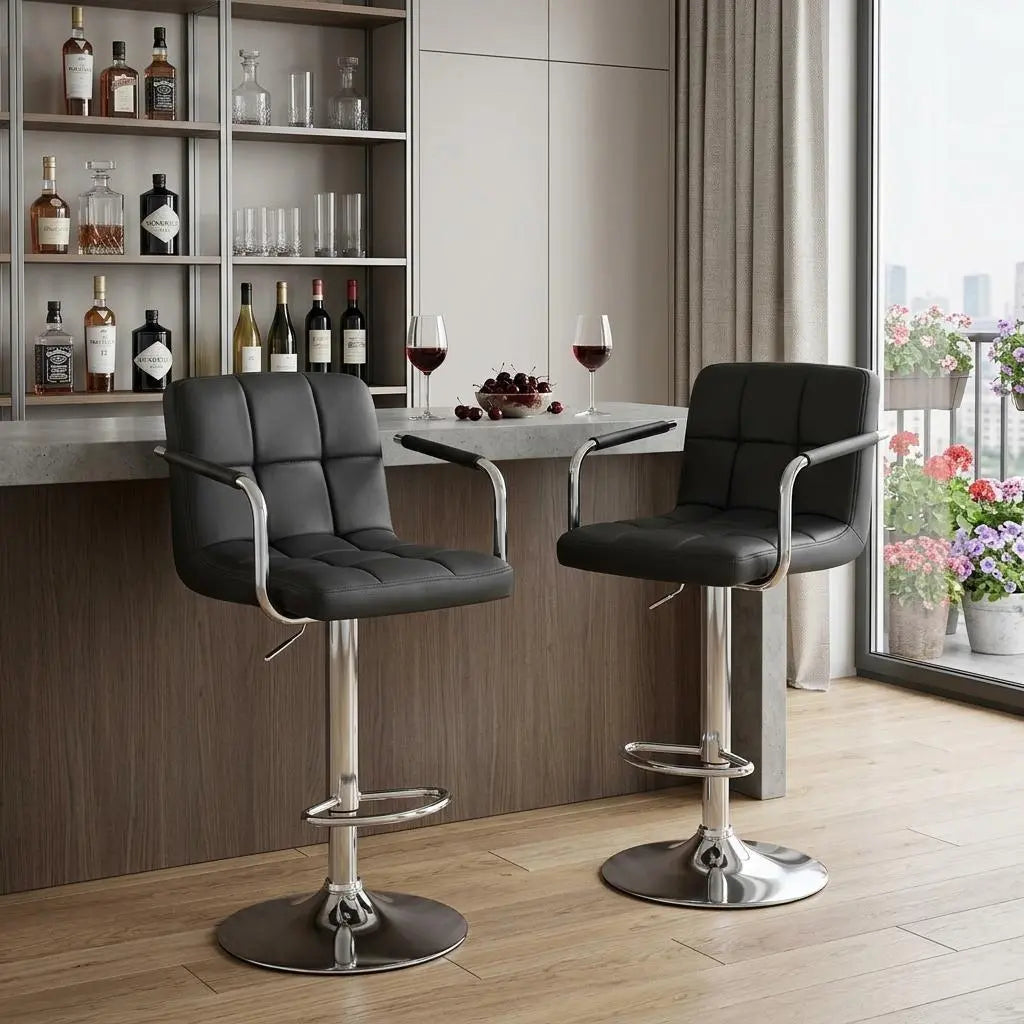 Set of Two Black and Silver Faux Leather and Aluminum Swivel Bar Chairs Homeroots Living Room