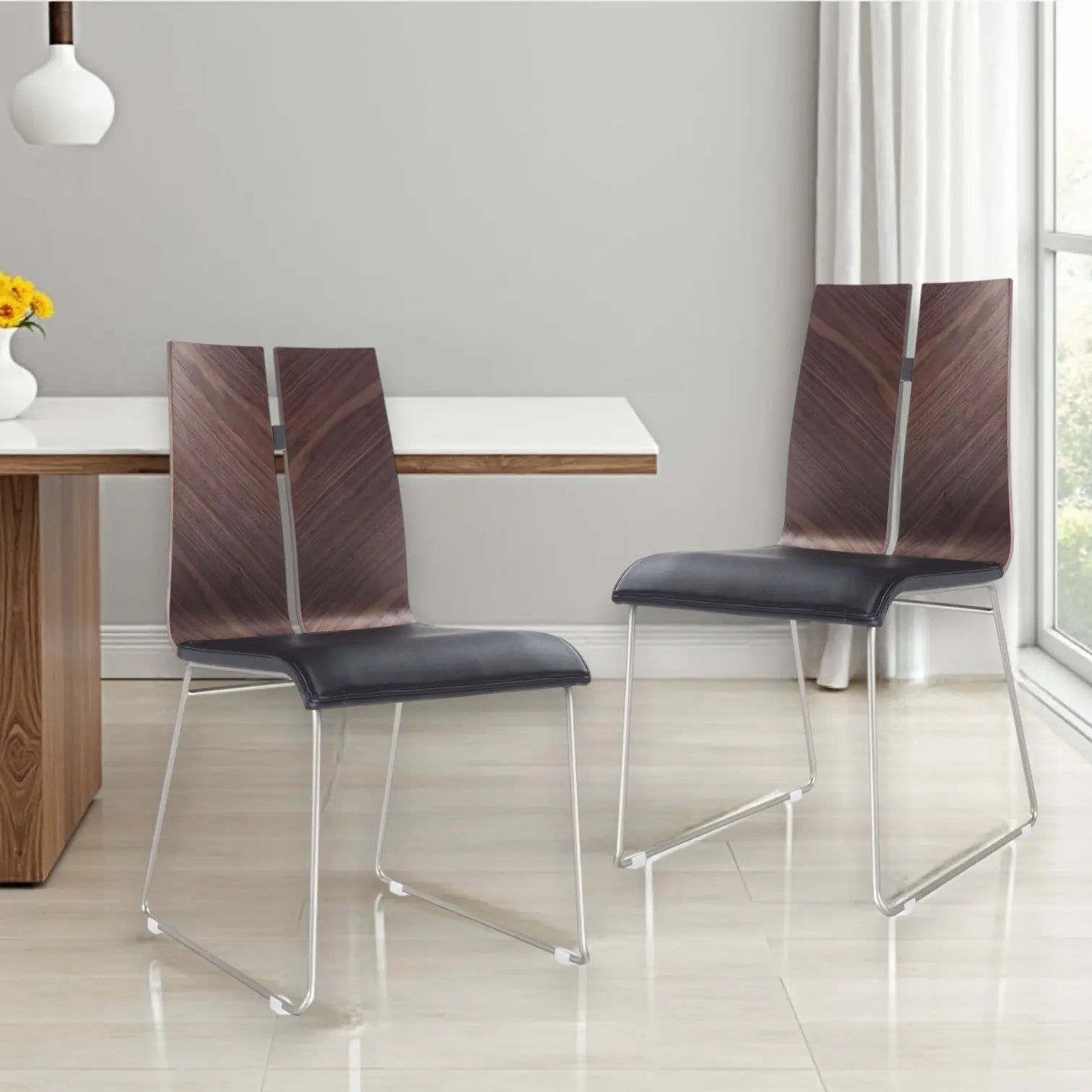 Set of Two Black and Silver Upholstered Faux Leather Dining Side Chairs Homeroots Kitchen & Dining
