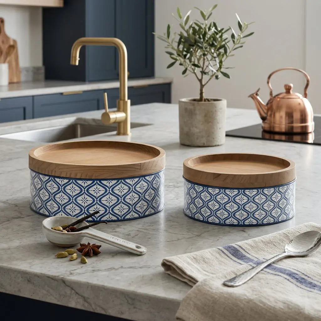 Set of Two Blue And White Metal And Solid Wood Geometric Storage Canisters Homeroots Kitchen & Dining