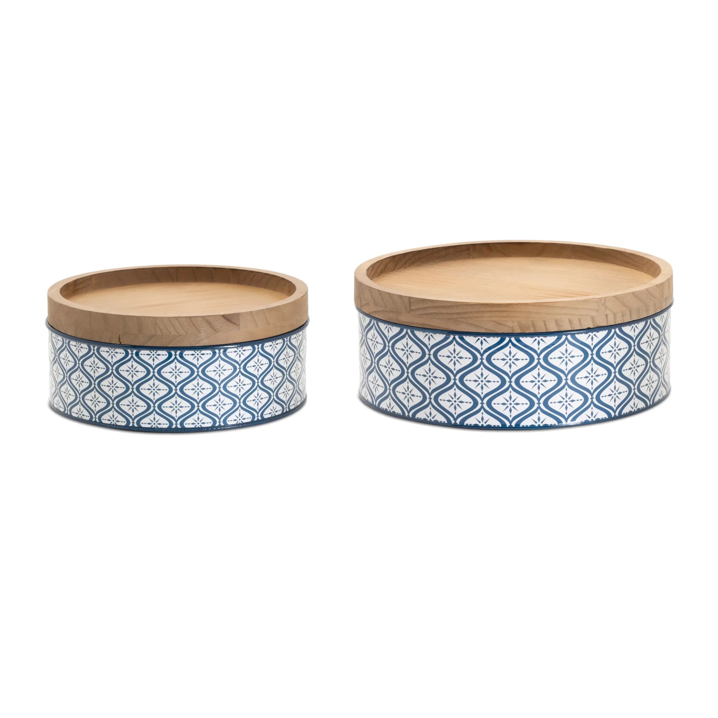 Set of Two Blue And White Metal And Solid Wood Geometric Storage Canisters Homeroots Kitchen & Dining