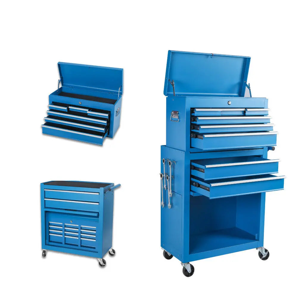 Set of Two Blue Multi-Tier Steel Rolling Cabinet With Lid - GreatEagleInc