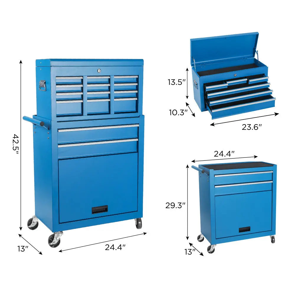 Set of Two Blue Multi-Tier Steel Rolling Cabinet With Lid - GreatEagleInc