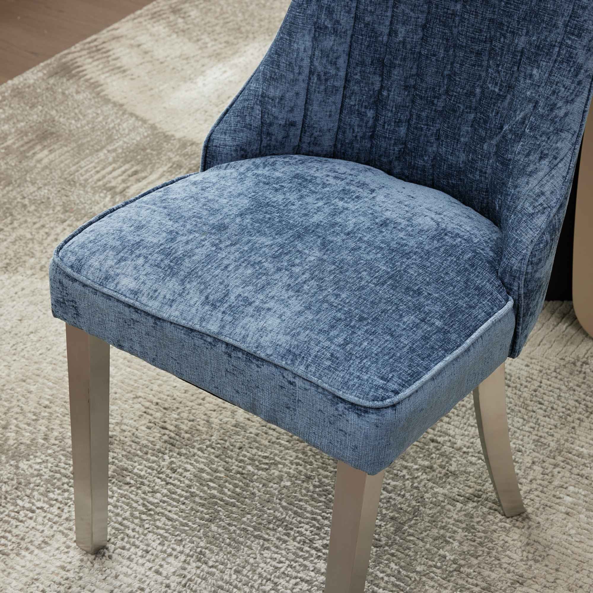 Set of Two Blue and Silver Tufted Stainless Steel Dining Side Chairs Homeroots Kitchen & Dining