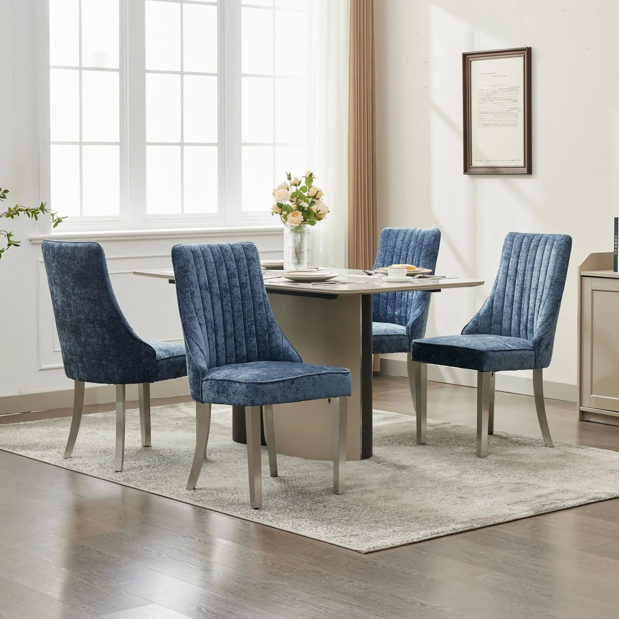 Set of Two Blue and Silver Tufted Stainless Steel Dining Side Chairs Homeroots Kitchen & Dining