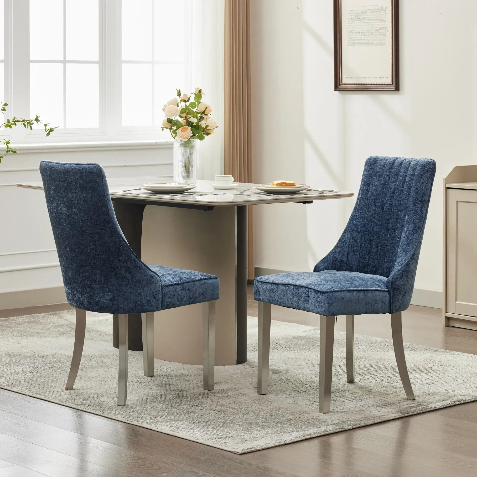 Set of Two Blue and Silver Tufted Stainless Steel Dining Side Chairs Homeroots Kitchen & Dining
