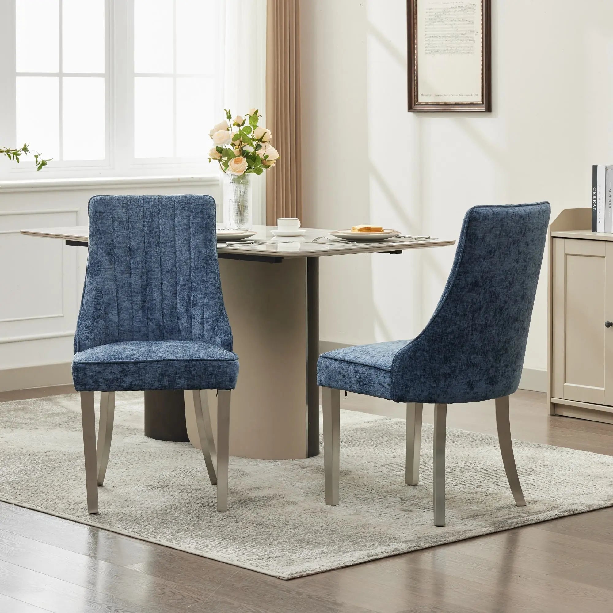 Set of Two Blue and Silver Tufted Stainless Steel Dining Side Chairs Homeroots Kitchen & Dining