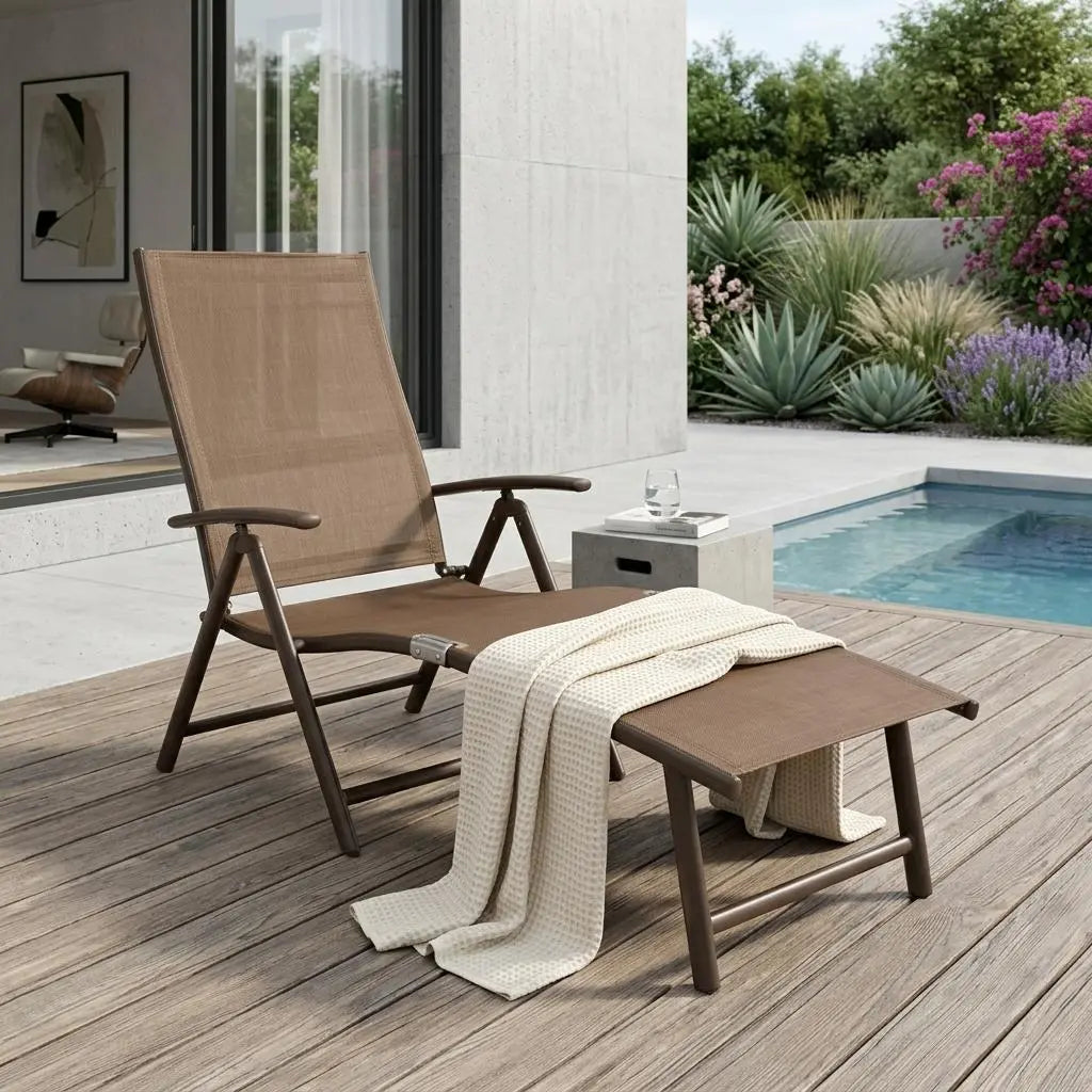Set of Two Brown Aluminum Eight Position Adjustable Outdoor Folding Chaise Lounges Homeroots Outdoor