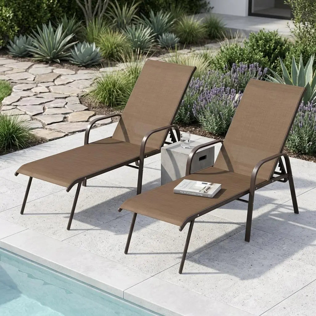 Set of Two Brown Aluminum Six Position Adjustable Outdoor Chaise Lounges Homeroots Outdoor