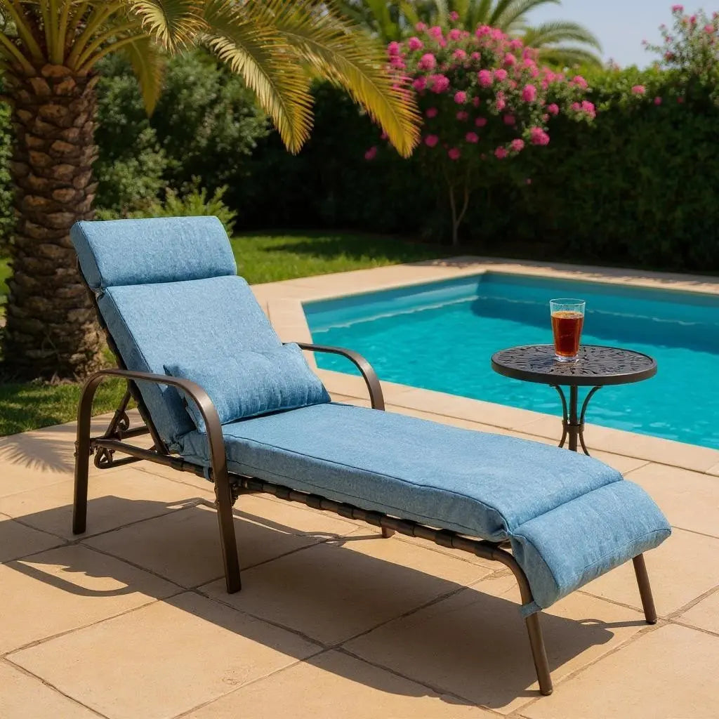 Set of Two Brown Aluminum Six Position Adjustable Outdoor Folding Chaise Lounges with Denim Blue Cushion Homeroots Outdoor