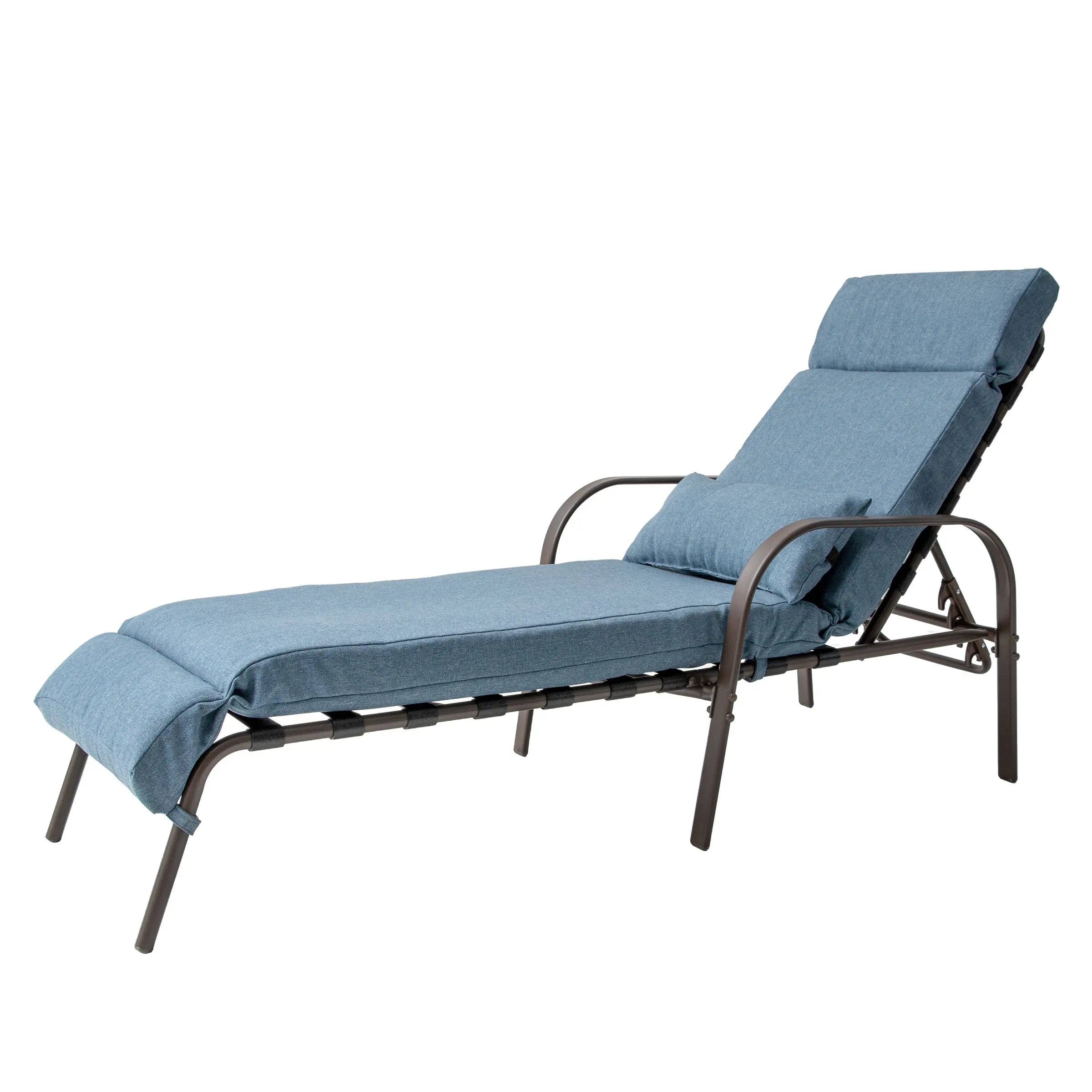 Set of Two Brown Aluminum Six Position Adjustable Outdoor Folding Chaise Lounges with Denim Blue Cushion Homeroots Outdoor