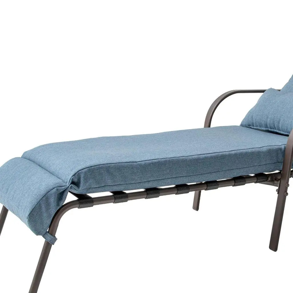 Set of Two Brown Aluminum Six Position Adjustable Outdoor Folding Chaise Lounges with Denim Blue Cushion Homeroots Outdoor