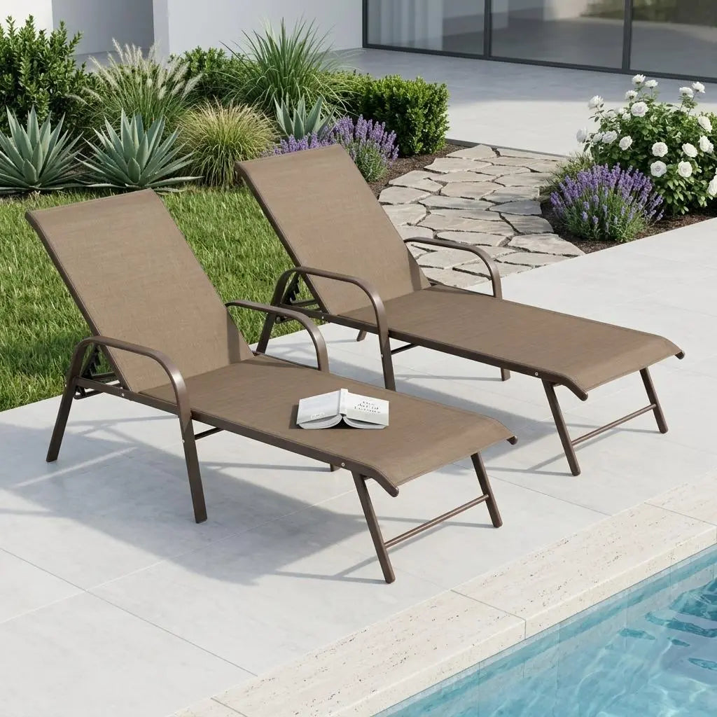 Set of Two Brown Aluminum Six Position Adjustable Outdoor Stacking Chaise Lounges Homeroots Outdoor