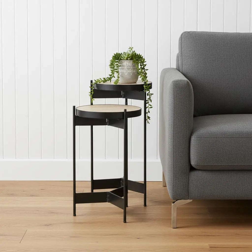 Set of Two Brown And Black Marble And Metal Nested Tables Homeroots Living Room