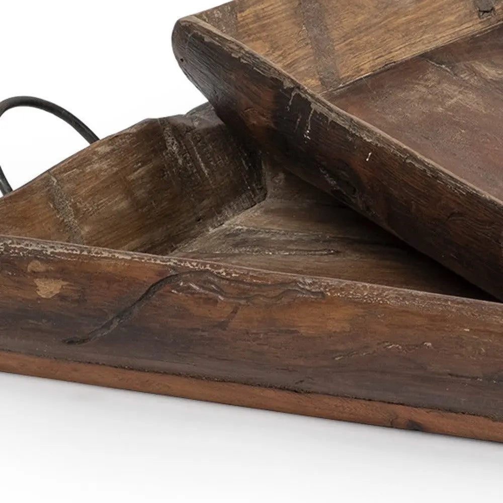 Set of Two Brown Rectangular Wood Indoor Outdoor Serving Tray With Handles Homeroots Kitchen & Dining