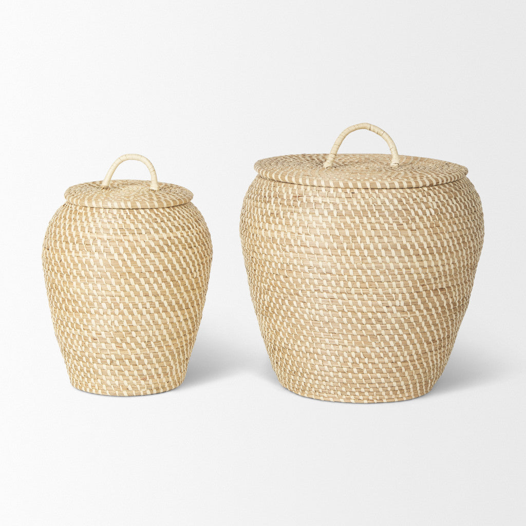 Set of Two Brown Seagrass Basket With Lid Homeroots Office