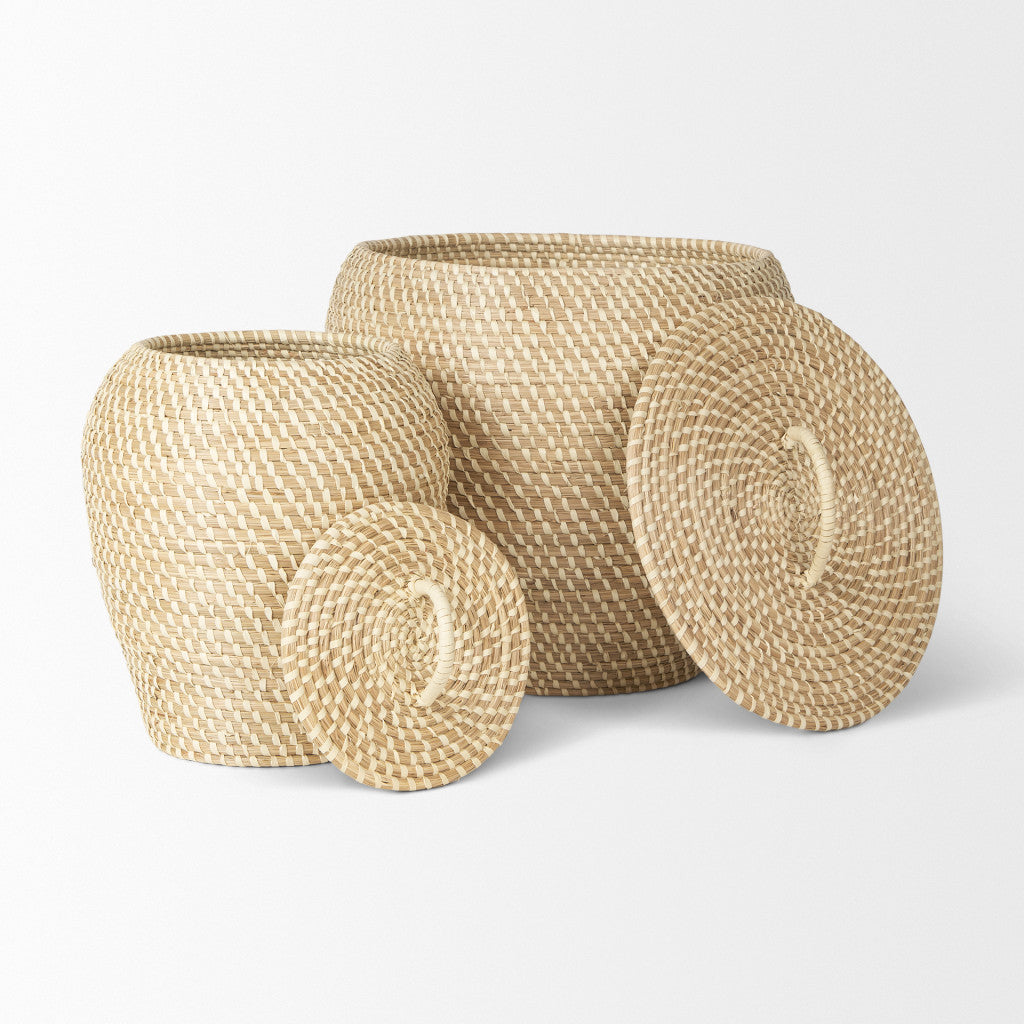 Set of Two Brown Seagrass Basket With Lid Homeroots Office