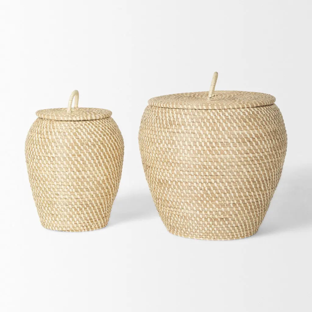 Set of Two Brown Seagrass Basket With Lid Homeroots Office