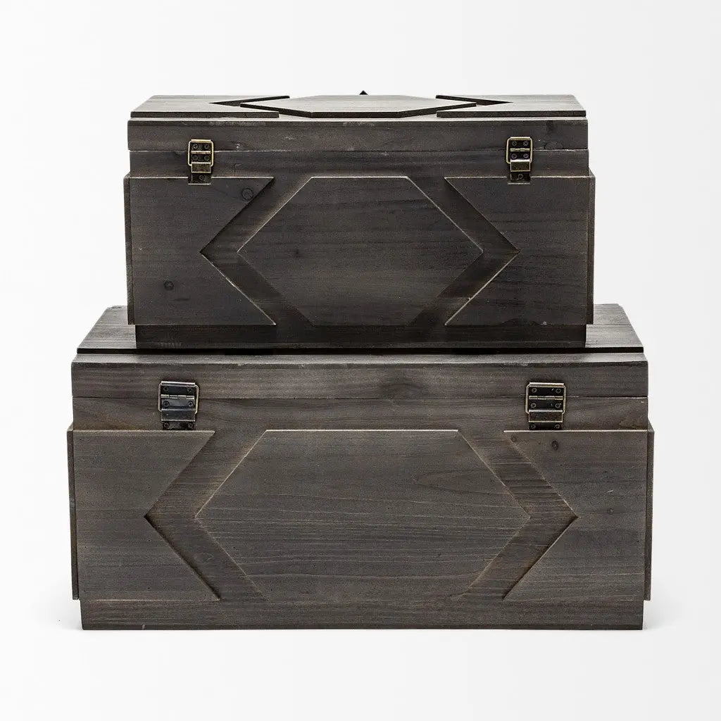 Set of Two Brown Solid Wood Box With Lid Homeroots Office