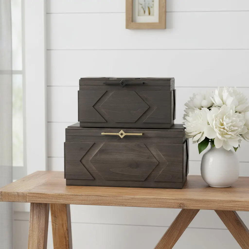 Set of Two Brown Solid Wood Box With Lid Homeroots Office