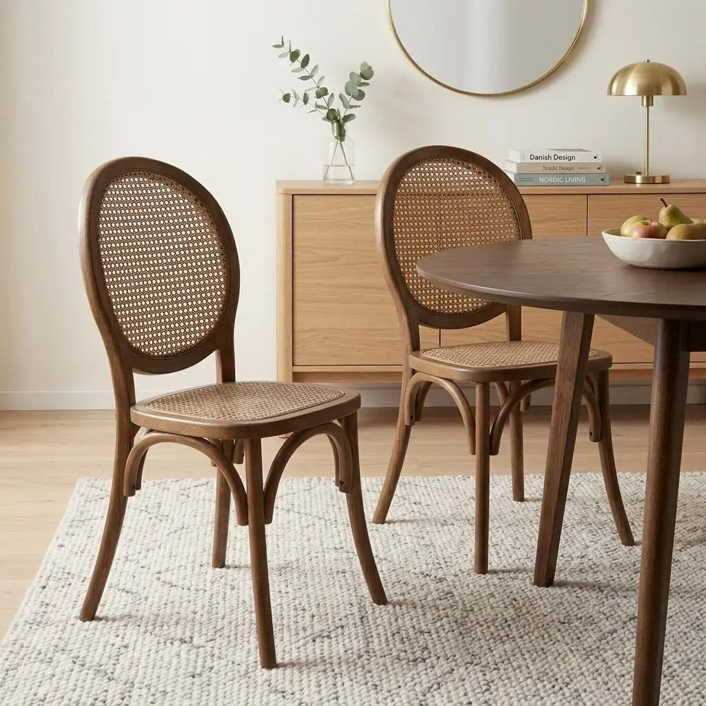 Set of Two Brown Solid Wood and Rattan King Louis Back Dining Arm Chairs Homeroots Kitchen & Dining