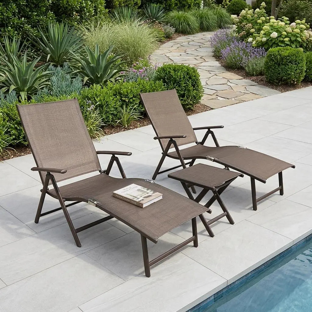 Set of Two Brown Steel Six Position Adjustable Outdoor Chaise Lounges Homeroots Outdoor