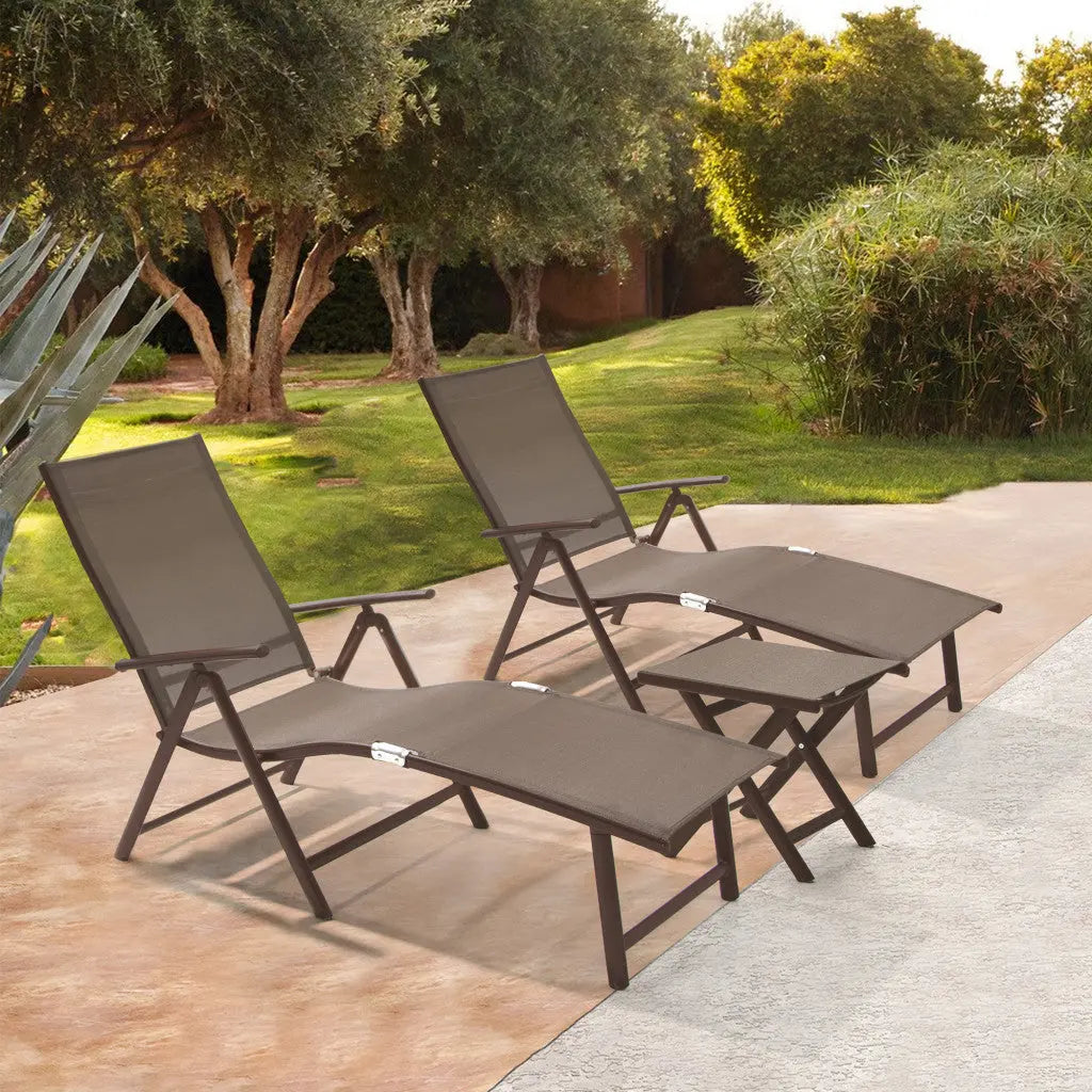 Set of Two Brown Steel Six Position Adjustable Outdoor Chaise Lounges Homeroots Outdoor