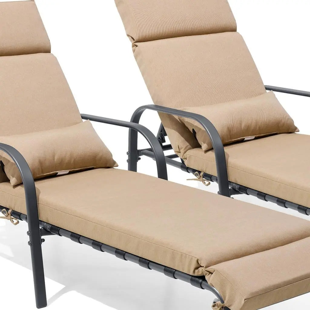 Set of Two Brown Steel Six Position Adjustable Outdoor Chaise Lounges with Tan Cushion Homeroots Outdoor