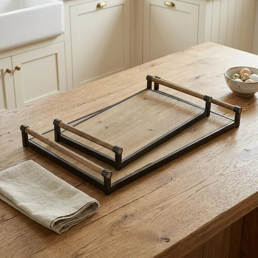 Set of Two Brown Wood Indoor Outdoor Serving Tray With Handles Homeroots Kitchen & Dining