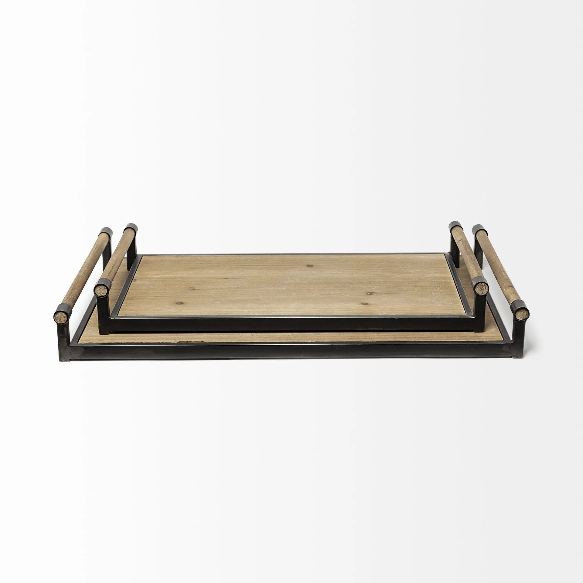 Set of Two Brown Wood Indoor Outdoor Serving Tray With Handles Homeroots Kitchen & Dining