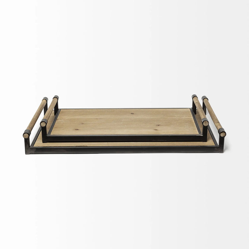 Set of Two Brown Wood Indoor Outdoor Serving Tray With Handles Homeroots Kitchen & Dining