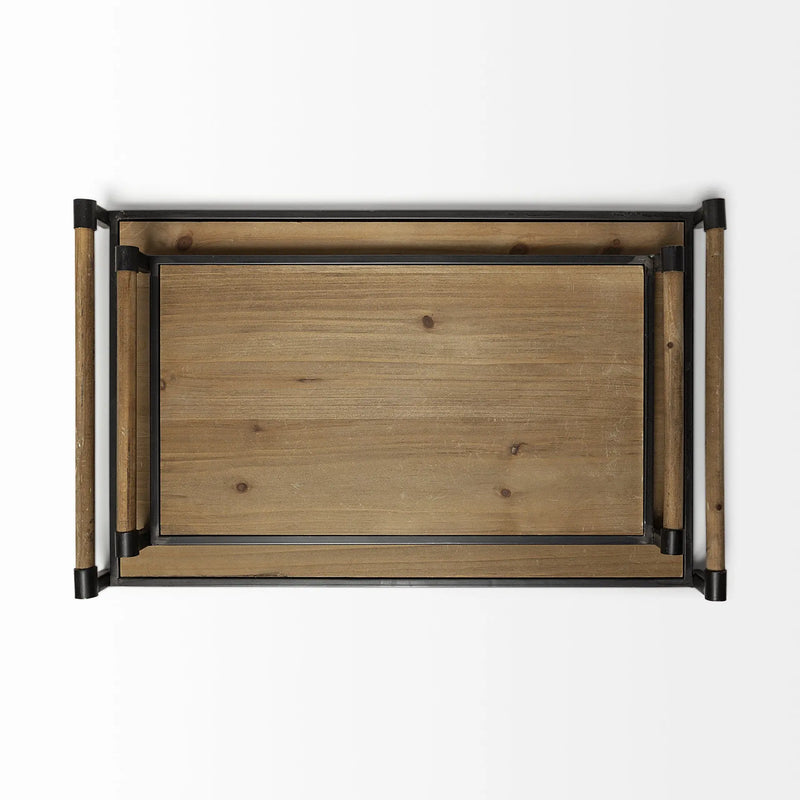 Set of Two Brown Wood Indoor Outdoor Serving Tray With Handles Homeroots Kitchen & Dining