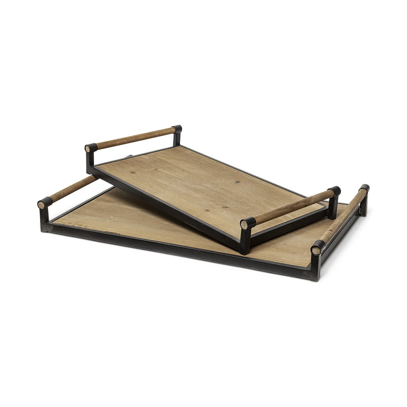 Set of Two Brown Wood Indoor Outdoor Serving Tray With Handles Homeroots Kitchen & Dining