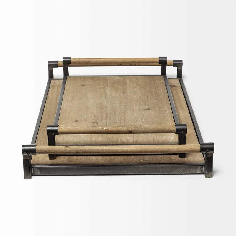Set of Two Brown Wood Indoor Outdoor Serving Tray With Handles Homeroots Kitchen & Dining