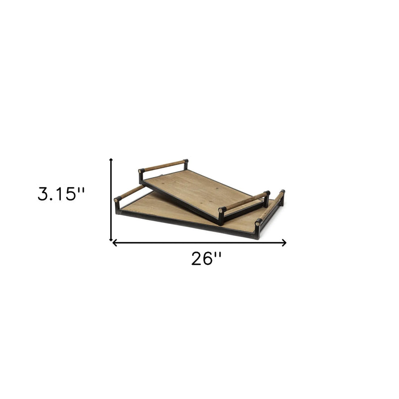 Set of Two Brown Wood Indoor Outdoor Serving Tray With Handles Homeroots Kitchen & Dining
