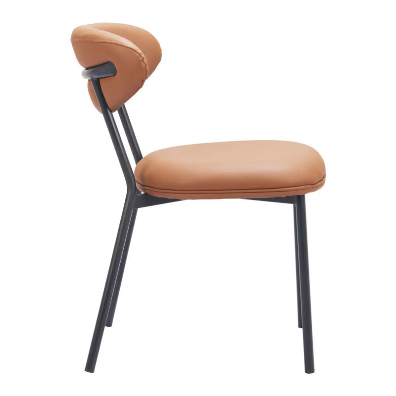 Stylish caramel leather dining chair with black metal legs, featuring a modern design and comfortable backrest.