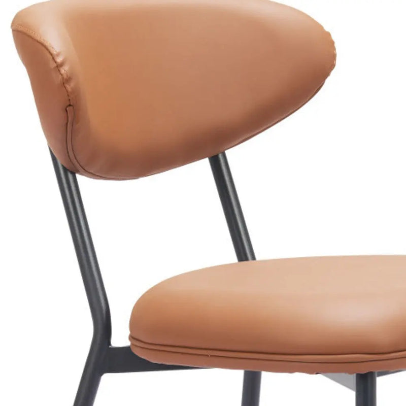 Brown leather upholstered chair with a modern design and sleek black metal legs.