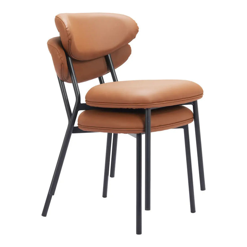 Stylish brown leather padded chair with sleek black metal legs, perfect for modern dining or office spaces.