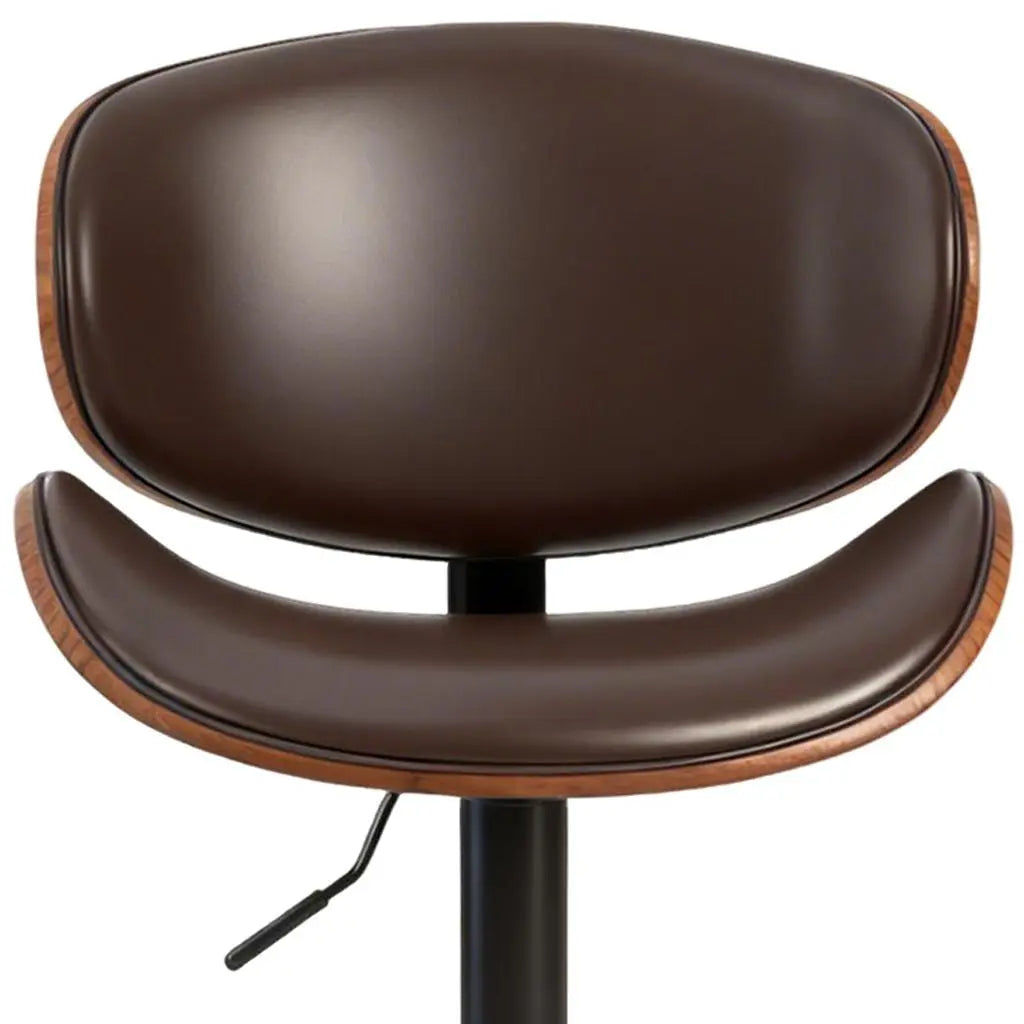 Set of Two Brown and Black Faux Leather Wood And Aluminum Adjustable Height Swivel Bar Chairs Homeroots Living Room