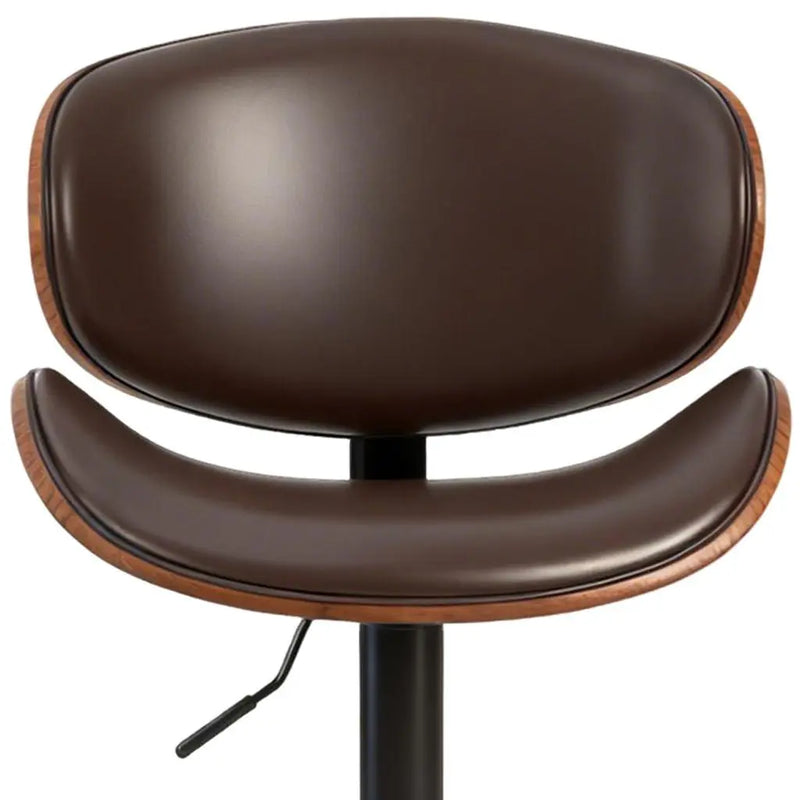 Set of Two Brown and Black Faux Leather Wood And Aluminum Adjustable Height Swivel Bar Chairs Homeroots Living Room