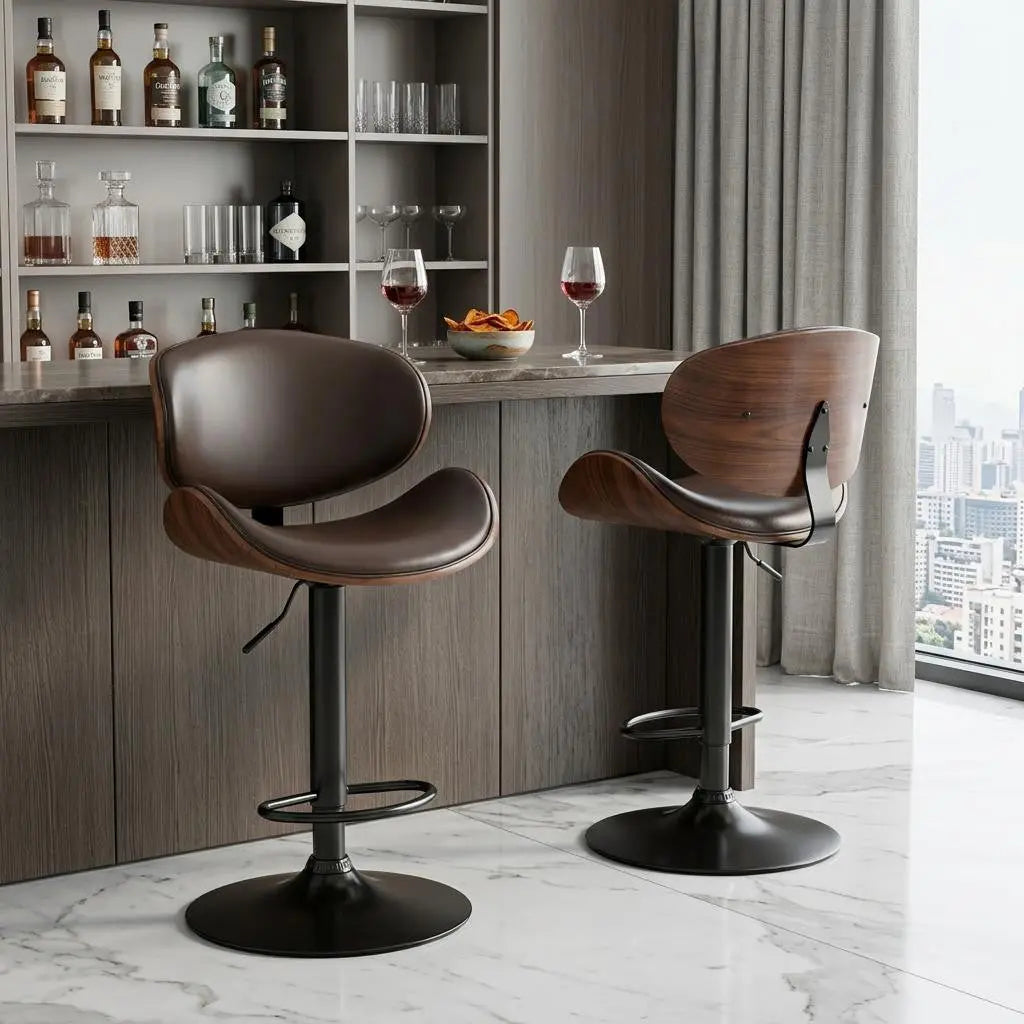 Set of Two Brown and Black Faux Leather Wood And Aluminum Adjustable Height Swivel Bar Chairs Homeroots Living Room