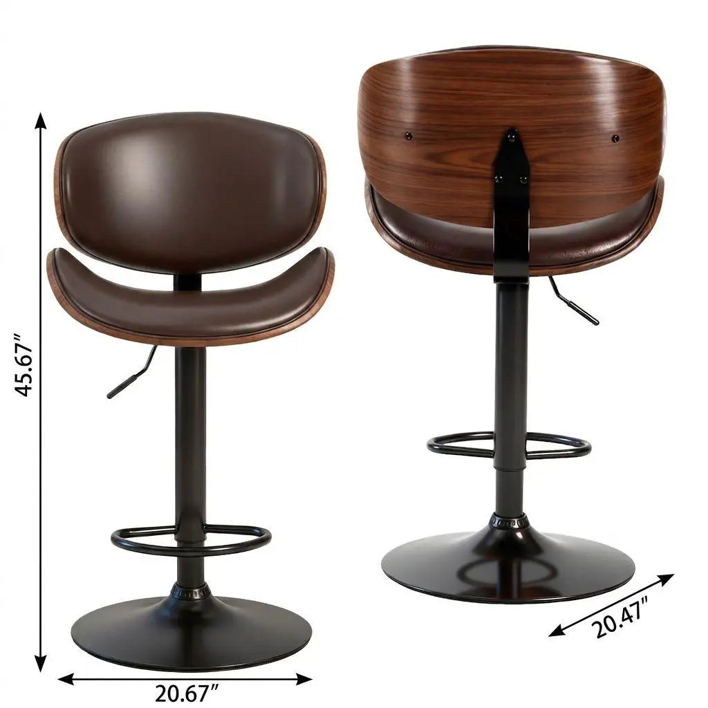 Set of Two Brown and Black Faux Leather Wood And Aluminum Adjustable Height Swivel Bar Chairs Homeroots Living Room