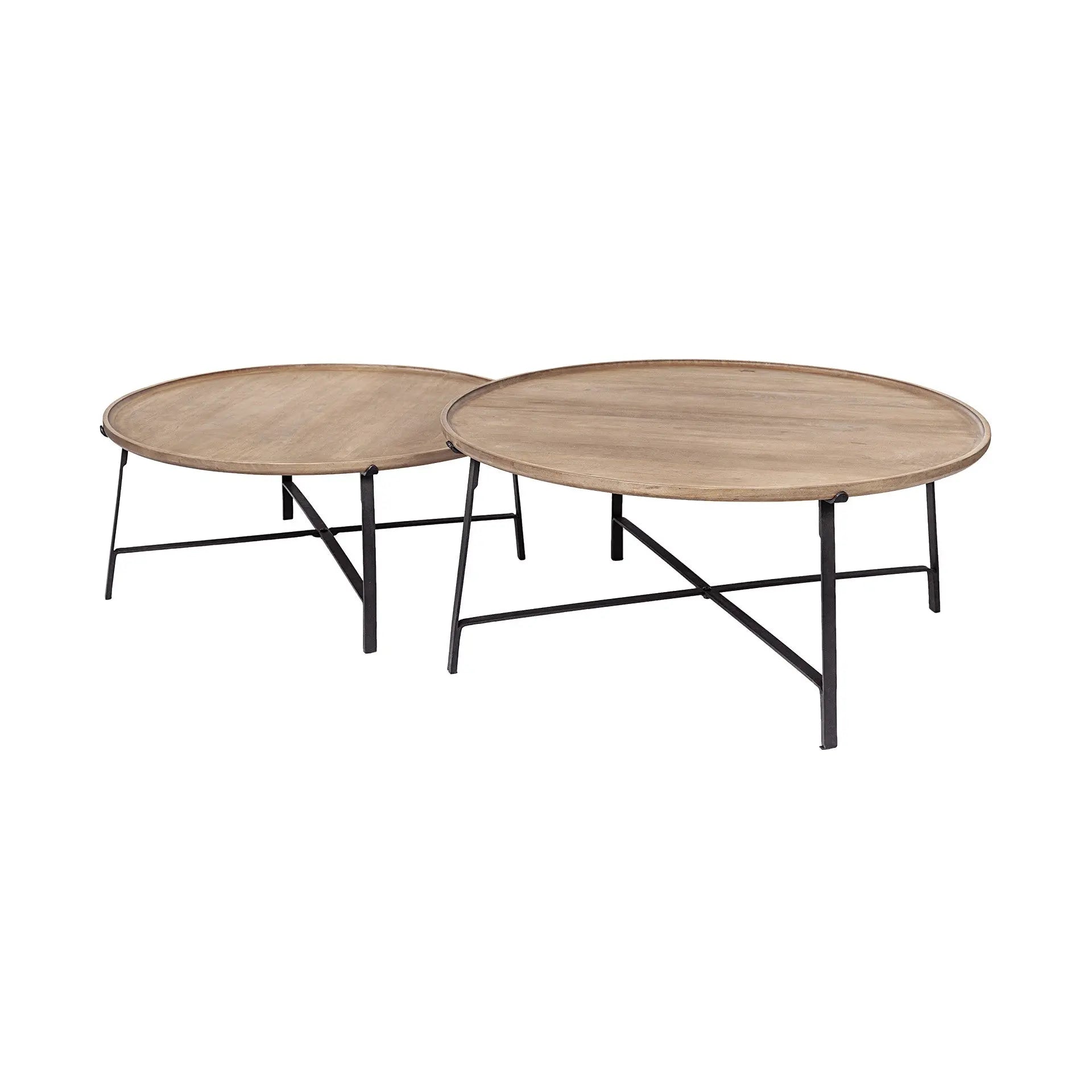 Set of Two Brown and Black Solid Wood and Iron Round Nested Coffee Tables Homeroots Living Room