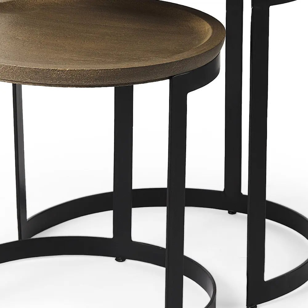 Set of Two Brown and Black Solid Wood and Iron Round Nested Tables Homeroots Living Room