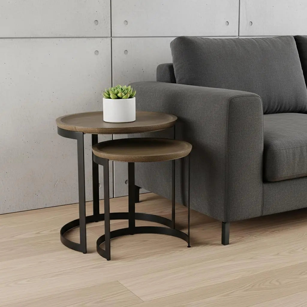 Set of Two Brown and Black Solid Wood and Iron Round Nested Tables Homeroots Living Room