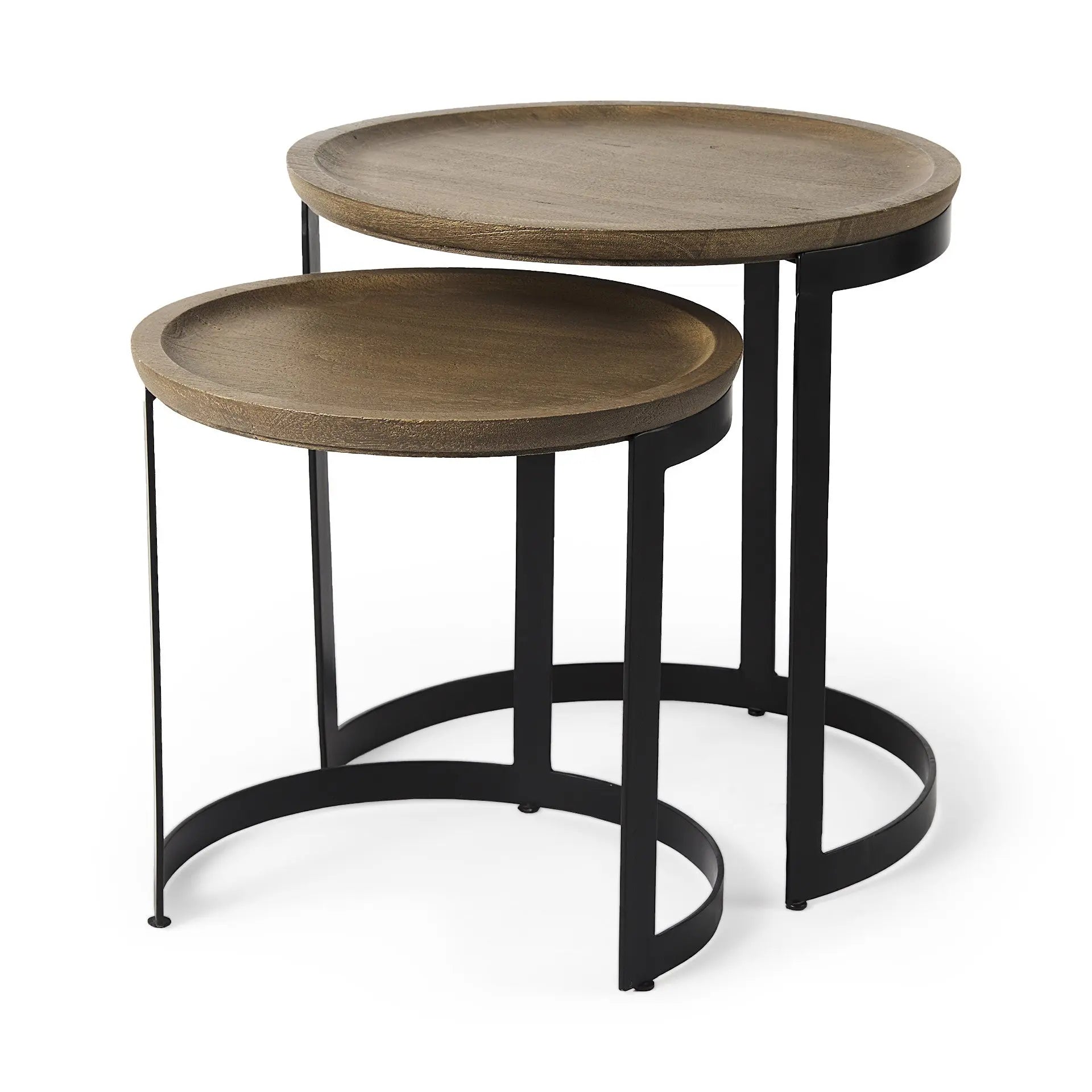 Set of Two Brown and Black Solid Wood and Iron Round Nested Tables Homeroots Living Room